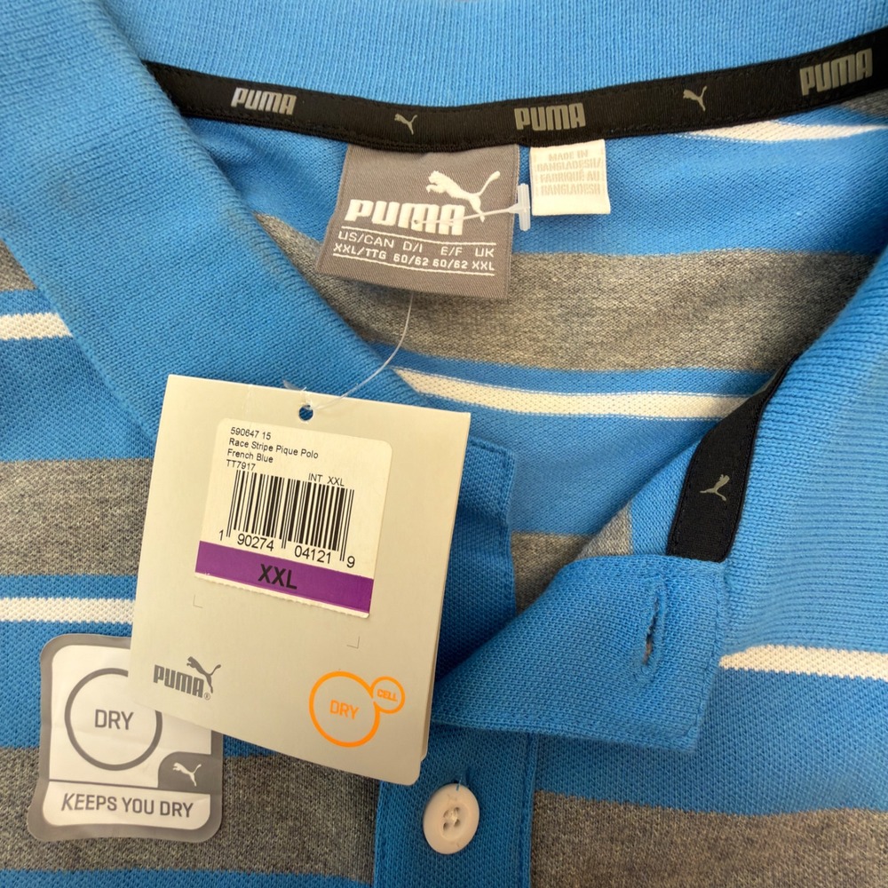 Puma Mens Race Stripe Pique Polo French Blue Grey Striped Dry Cell XXL New - Picture 3 of 10